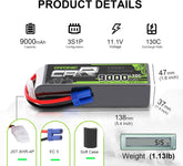 2 × OVONIC 3S Lipo-Akku 9000 mAh 130 C 11,1 V RC Lipo-Akku mit EC5-Stecker für 1/10 RC-Truck RC-Fahrzeuge Auto